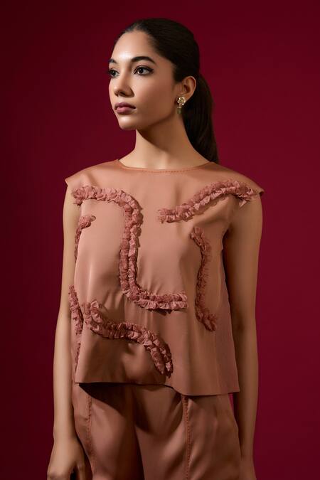 Omana By Ranjana Bothra_Brown Satin Round Neck Dull Top And Trouser Set _Online_at_Aza_Fashions