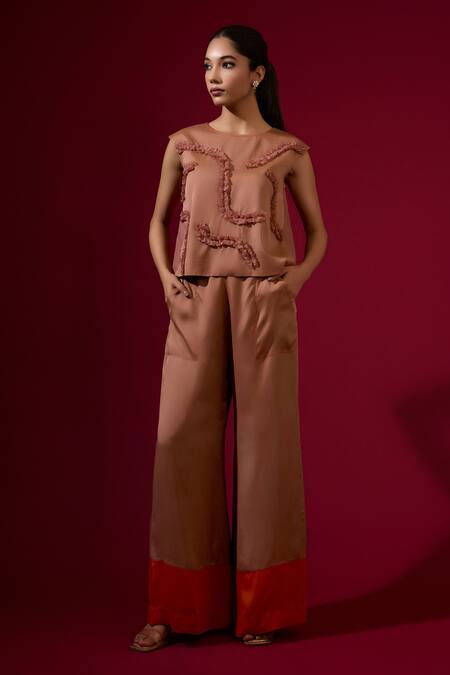 Buy_Omana By Ranjana Bothra_Brown Satin Round Neck Dull Top And Trouser Set _Online_at_Aza_Fashions