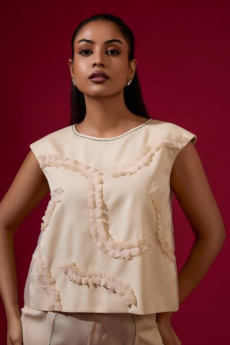 Omana By Ranjana Bothra_Ivory Satin, Organza Ruffles Round Neck Designer Top And Trouser Set _Online_at_Aza_Fashions