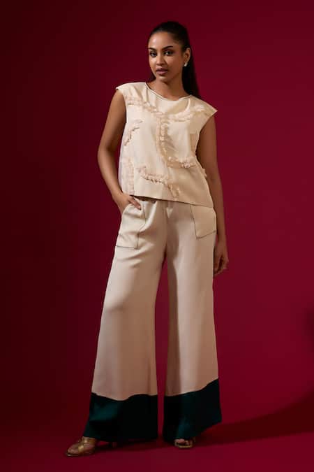 Omana By Ranjana Bothra Ivory Satin, Organza Ruffles Round Neck Designer Top And Trouser Set