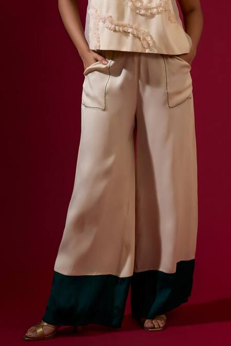 Shop_Omana By Ranjana Bothra_Ivory Satin, Organza Ruffles Round Neck Designer Top And Trouser Set _Online_at_Aza_Fashions