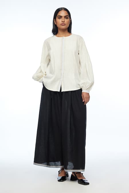 Payal Pratap Ivory Handloom Cotton Round Neck Pleated Designer Top 