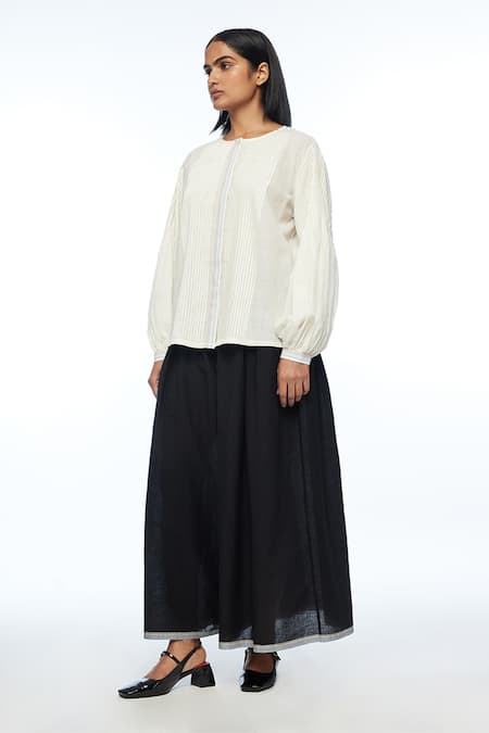 Payal Pratap_Ivory Handloom Cotton Round Neck Pleated Designer Top _Online_at_Aza_Fashions