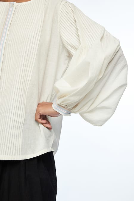 Buy_Payal Pratap_Ivory Handloom Cotton Round Neck Pleated Designer Top _Online_at_Aza_Fashions