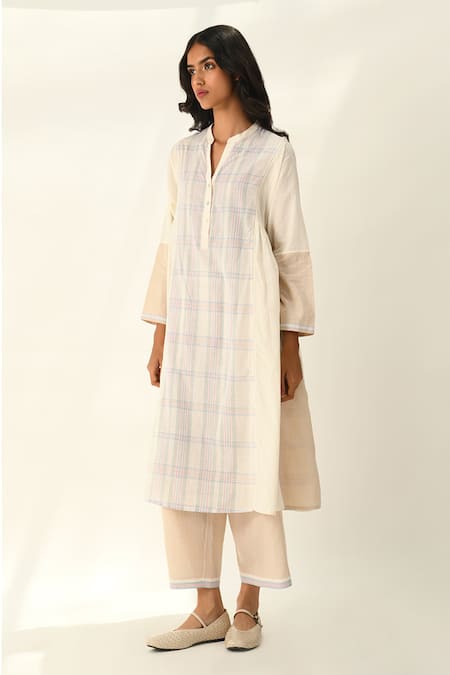 Payal Pratap_Beige Handloom Cotton Bishopli Elasticated Pant _Online_at_Aza_Fashions