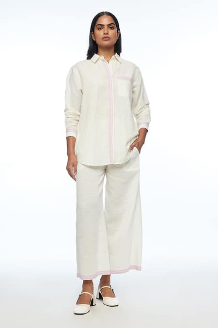 Payal Pratap Ivory Handloom Cotton, Linen Collared Fargesiana Shirt 