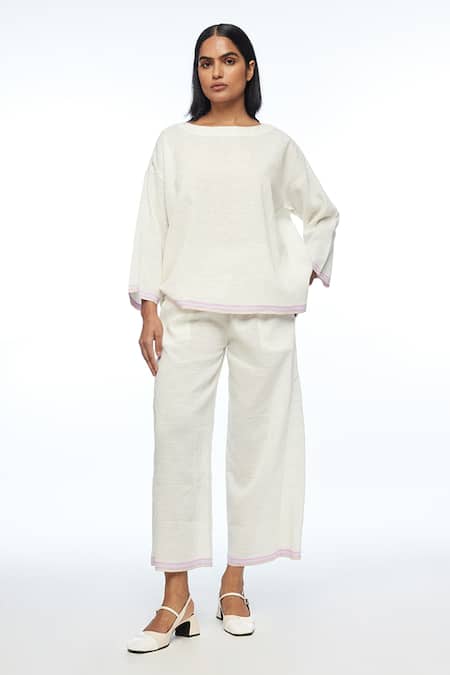 Payal Pratap Ivory Handloom Cotton, Linen Round Neck Oversize Top 