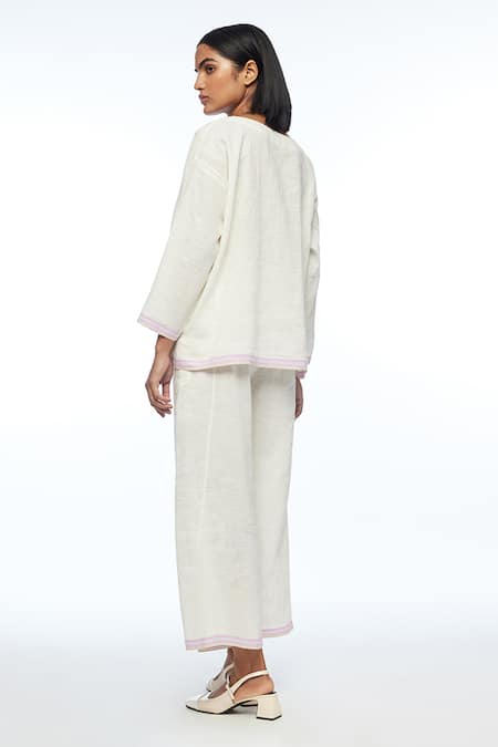 Shop_Payal Pratap_Ivory Handloom Cotton, Linen Round Neck Oversize Top _at_Aza_Fashions