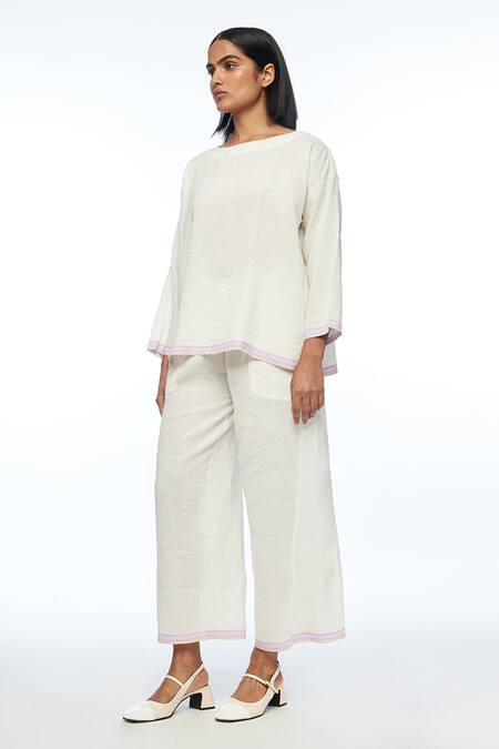 Payal Pratap_Ivory Handloom Cotton, Linen Round Neck Oversize Top _Online_at_Aza_Fashions