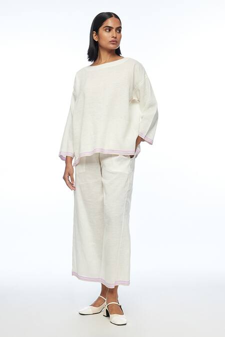 Buy_Payal Pratap_Ivory Handloom Cotton, Linen Round Neck Oversize Top _Online_at_Aza_Fashions