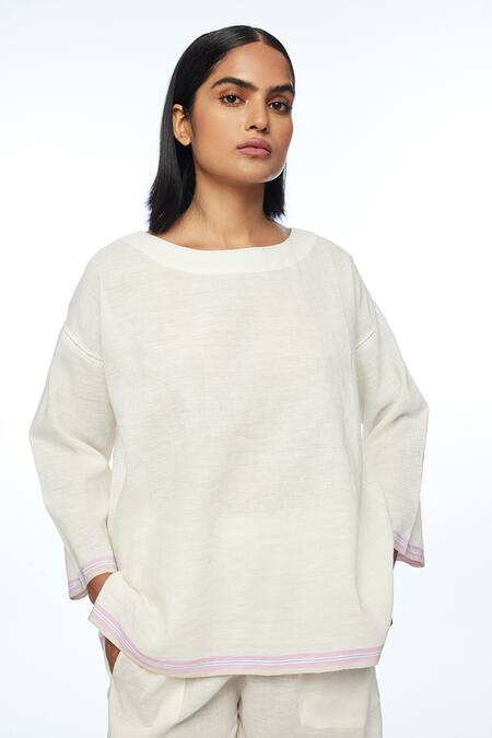 Shop_Payal Pratap_Ivory Handloom Cotton, Linen Round Neck Oversize Top _Online_at_Aza_Fashions