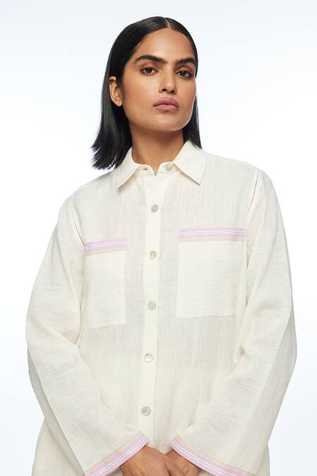 Payal Pratap_Ivory Handloom Cotton, Linen Collared Tunic _at_Aza_Fashions