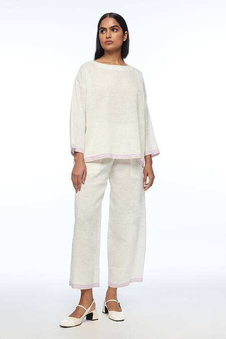 Payal Pratap_Ivory Handloom Cotton, Linen Galushkoi Elasticated Pants _Online_at_Aza_Fashions