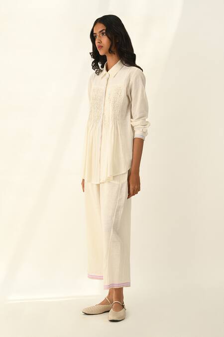 Payal Pratap_Ivory Handloom Cotton Embroidery Collared Rugosa Smocking Top _Online_at_Aza_Fashions