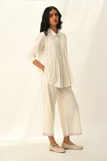 Buy_Payal Pratap_Ivory Handloom Cotton Embroidery Collared Rugosa Smocking Top _Online_at_Aza_Fashions