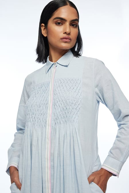 Shop_Payal Pratap_Blue Handloom Cotton Collared Powder Mollis Smocking Tunic _Online_at_Aza_Fashions