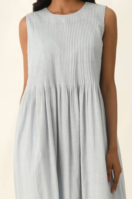 Buy_Payal Pratap_Blue Handloom Cotton Round Neck Primula Pleated Dress _Online_at_Aza_Fashions