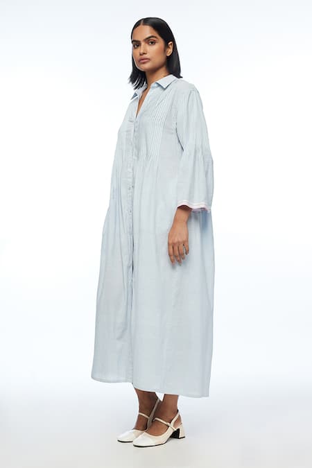 Payal Pratap Blue Handloom Cotton Collared Powder Nitida Pleated Tunic Online at Aza Fashions Payal Pratap_Blue Handloom Cotton Collared Powder Nitida Pleated Tunic _Online_at_Aza_Fashions