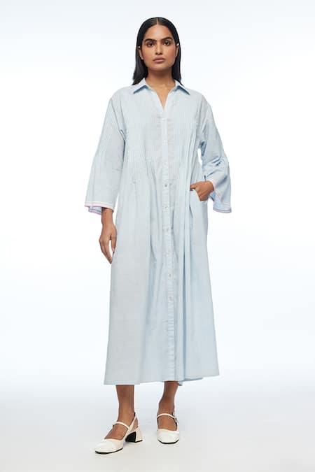 Buy Payal Pratap Blue Handloom Cotton Collared Powder Nitida Pleated Tunic Online at Aza Fashions Buy_Payal Pratap_Blue Handloom Cotton Collared Powder Nitida Pleated Tunic _Online_at_Aza_Fashions