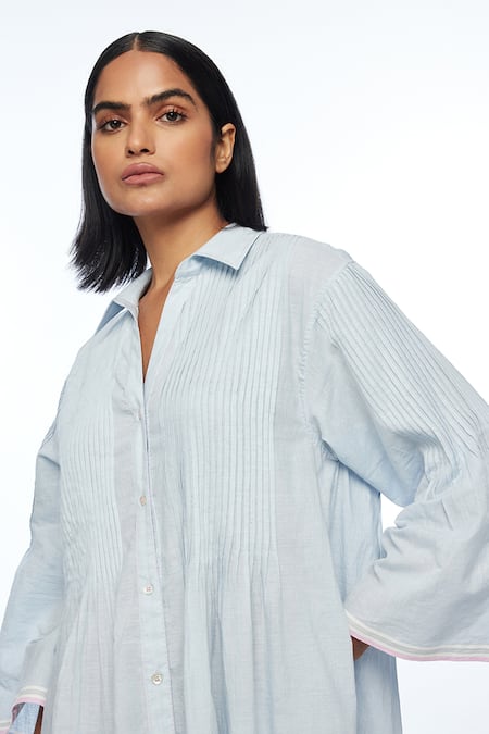 Shop Payal Pratap Blue Handloom Cotton Collared Powder Nitida Pleated Tunic Online at Aza Fashions Shop_Payal Pratap_Blue Handloom Cotton Collared Powder Nitida Pleated Tunic _Online_at_Aza_Fashions