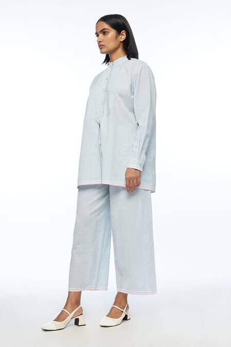 Payal Pratap Blue Cotton Mandarin Collar Mandonii Yoke Pleated Top Online at Aza Fashions Payal Pratap_Blue Cotton Mandarin Collar Mandonii Yoke Pleated Top _Online_at_Aza_Fashions