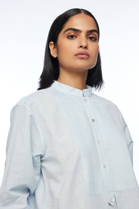 Buy Payal Pratap Blue Cotton Mandarin Collar Mandonii Yoke Pleated Top Online at Aza Fashions Buy_Payal Pratap_Blue Cotton Mandarin Collar Mandonii Yoke Pleated Top _Online_at_Aza_Fashions