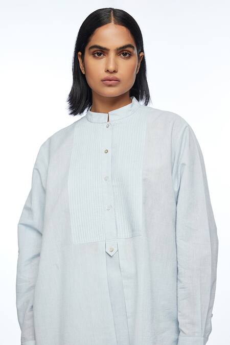 Shop Payal Pratap Blue Cotton Mandarin Collar Mandonii Yoke Pleated Top Online at Aza Fashions Shop_Payal Pratap_Blue Cotton Mandarin Collar Mandonii Yoke Pleated Top _Online_at_Aza_Fashions