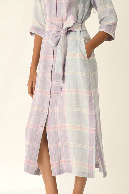 Buy_Payal Pratap_Blue Linen Collared Montana Check Dress _Online_at_Aza_Fashions