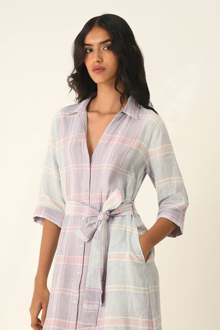 Shop_Payal Pratap_Blue Linen Collared Montana Check Dress _Online_at_Aza_Fashions