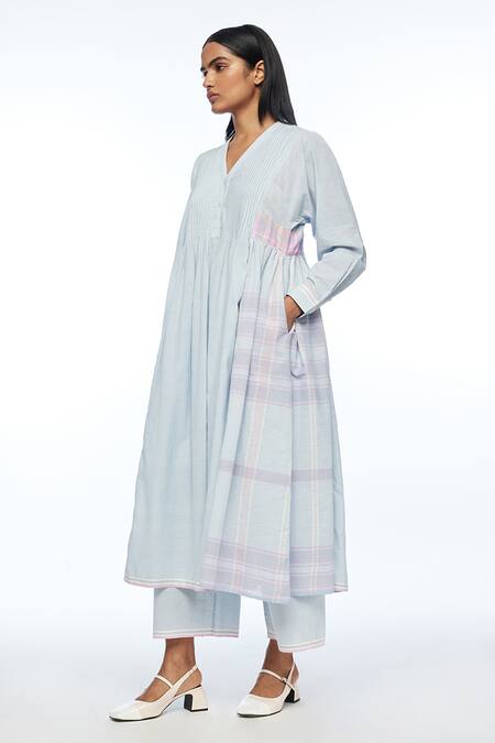 Payal Pratap_Blue Handloom Cotton Patchwork V-neck Nutkana Tunic Dress _Online_at_Aza_Fashions