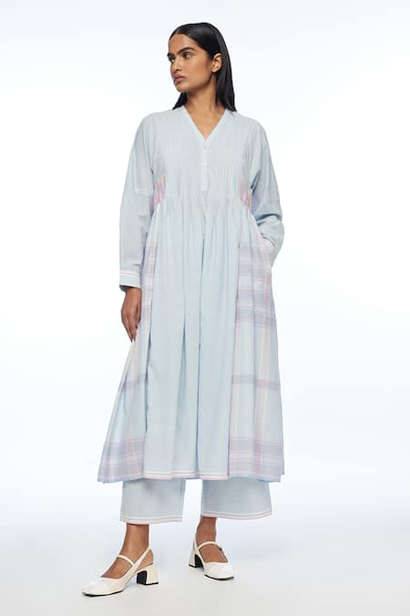 Buy_Payal Pratap_Blue Handloom Cotton Patchwork V-neck Nutkana Tunic Dress _Online_at_Aza_Fashions