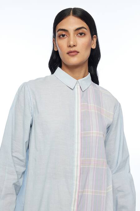 Shop_Payal Pratap_Blue Handloom Cotton Collared Powder Pouzinii Check Shirt _Online_at_Aza_Fashions