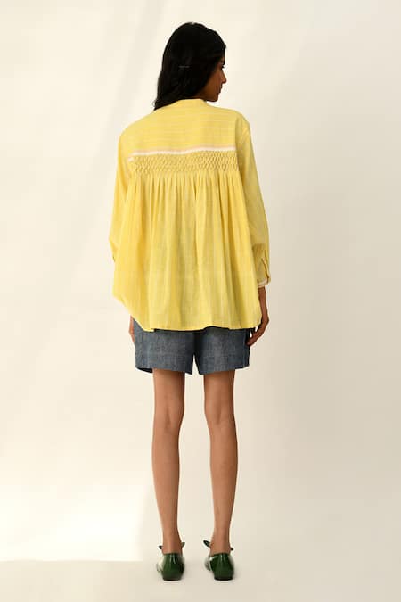 Shop Payal Pratap Yellow Cotton Collared Lemon Handloom Smocking Shirt at Aza Fashions Shop_Payal Pratap_Yellow Cotton Collared Lemon Handloom Smocking Shirt _at_Aza_Fashions