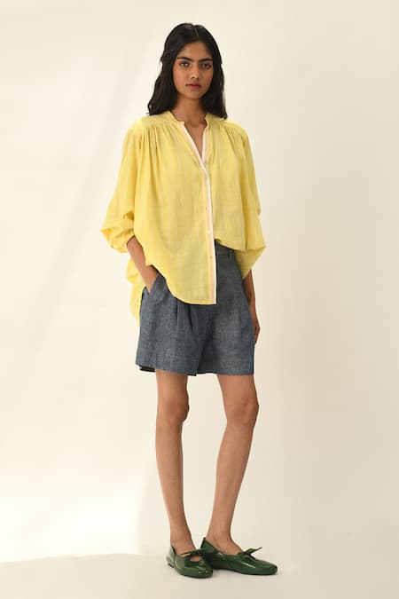 Payal Pratap Yellow Cotton Collared Lemon Handloom Smocking Shirt Online at Aza Fashions Payal Pratap_Yellow Cotton Collared Lemon Handloom Smocking Shirt _Online_at_Aza_Fashions
