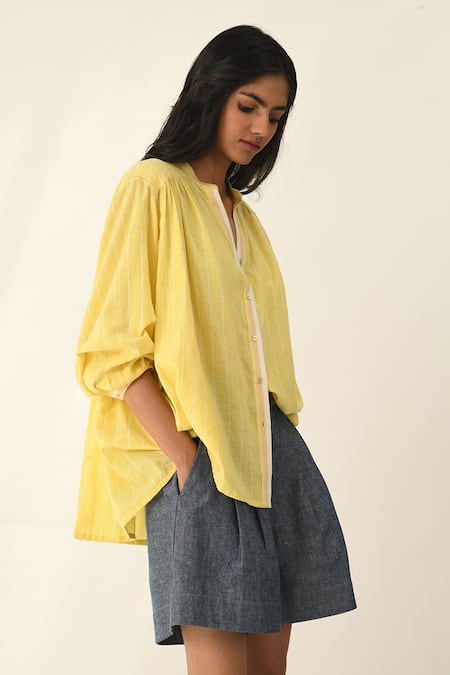 Buy Payal Pratap Yellow Cotton Collared Lemon Handloom Smocking Shirt Online at Aza Fashions Buy_Payal Pratap_Yellow Cotton Collared Lemon Handloom Smocking Shirt _Online_at_Aza_Fashions