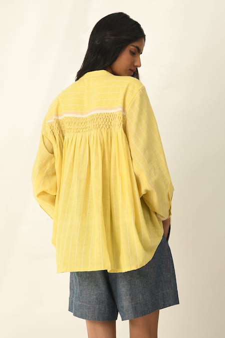 Shop Payal Pratap Yellow Cotton Collared Lemon Handloom Smocking Shirt Online at Aza Fashions Shop_Payal Pratap_Yellow Cotton Collared Lemon Handloom Smocking Shirt _Online_at_Aza_Fashions