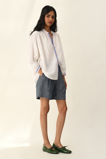 Buy_Payal Pratap_Ivory Handloom Cotton Mandarin Collar Smocking Shirt _Online_at_Aza_Fashions