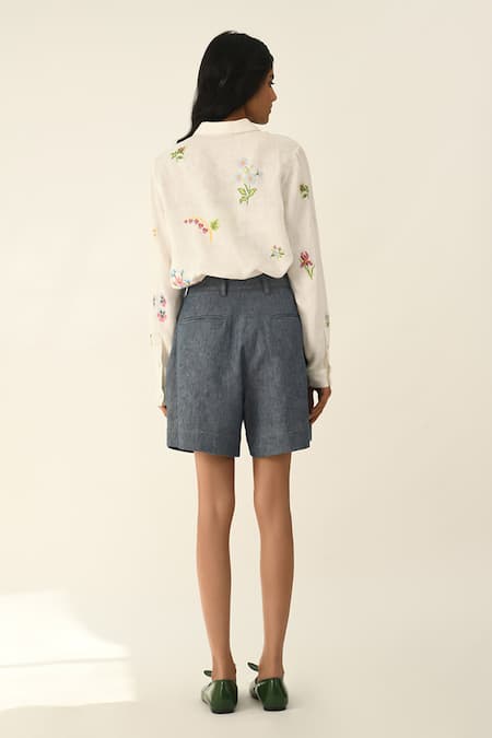 Shop_Payal Pratap_Blue Denim Uniflora Pleated Shorts _at_Aza_Fashions