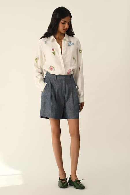 Payal Pratap Uniflora Pleated Denim Shorts 