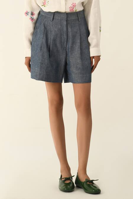 Payal Pratap_Blue Denim Uniflora Pleated Shorts _Online_at_Aza_Fashions