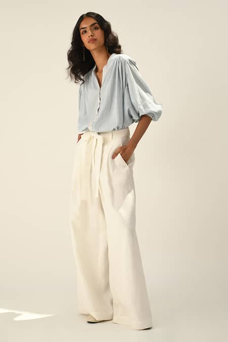 Payal Pratap_Blue Cotton Collared Powder Smocking Shirt _Online_at_Aza_Fashions