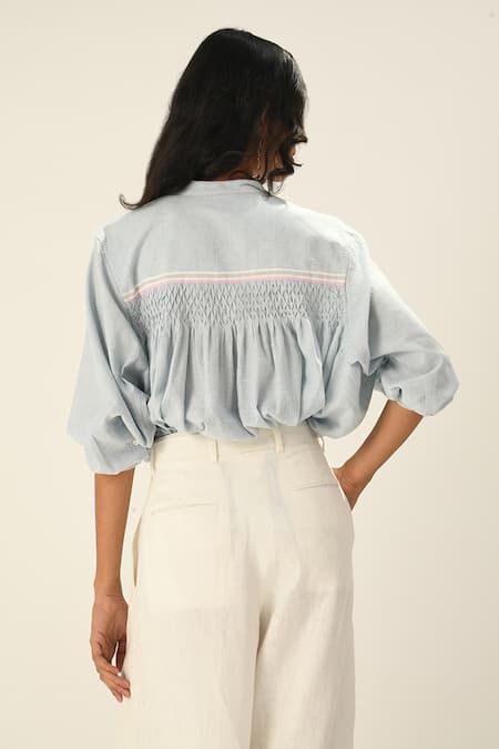 Buy_Payal Pratap_Blue Cotton Collared Powder Smocking Shirt _Online_at_Aza_Fashions