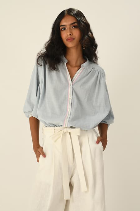 Shop_Payal Pratap_Blue Cotton Collared Powder Smocking Shirt _Online_at_Aza_Fashions