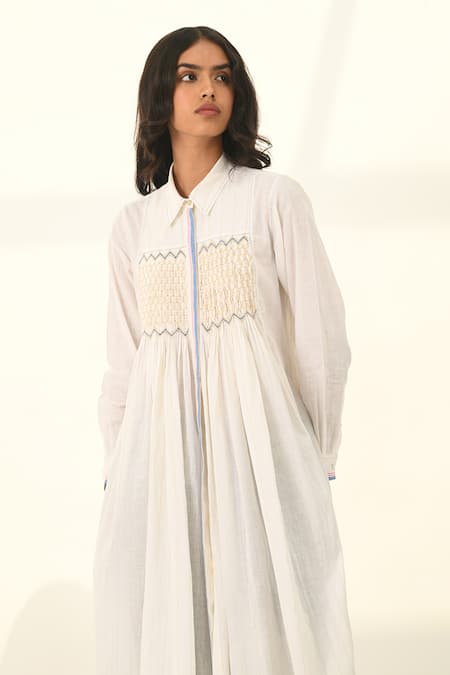 Shop_Payal Pratap_Ivory Handloom Cotton Embroidery Collared Sertata Smocking Tunic _Online_at_Aza_Fashions