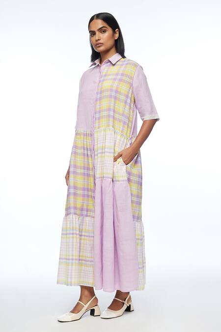 Payal Pratap_Purple Handloom Cotton Collared Setigera Check Dress _Online_at_Aza_Fashions