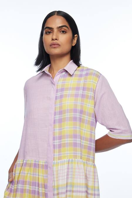 Shop_Payal Pratap_Purple Handloom Cotton Collared Setigera Check Dress _Online_at_Aza_Fashions