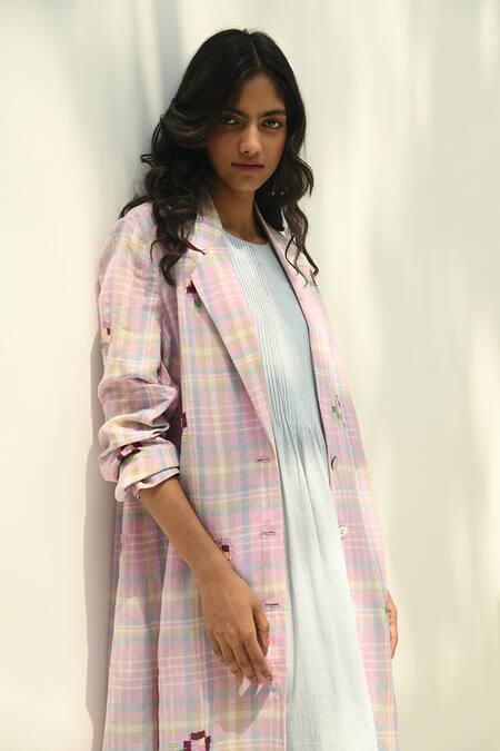 Payal Pratap_Purple Linen, Cotton Embroidery Notched Neck Checkered Designer Jacket _Online_at_Aza_Fashions
