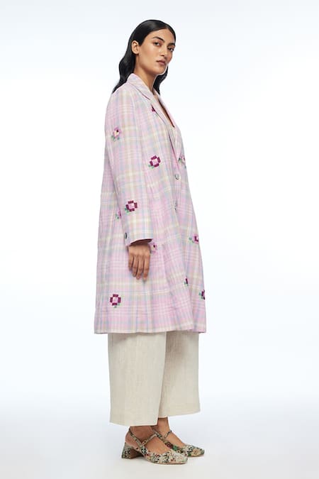 Buy_Payal Pratap_Purple Linen, Cotton Embroidery Notched Neck Checkered Designer Jacket _Online_at_Aza_Fashions