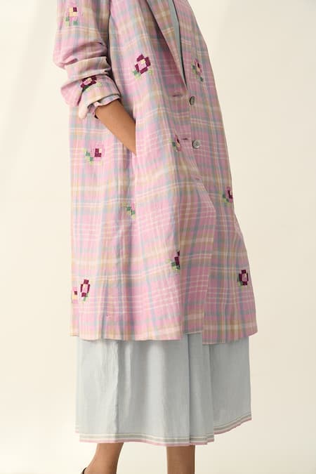 Shop_Payal Pratap_Purple Linen, Cotton Embroidery Notched Neck Checkered Designer Jacket _Online_at_Aza_Fashions