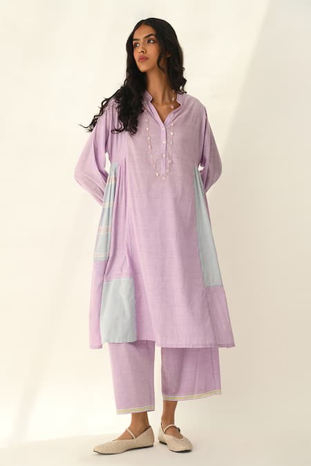 Payal Pratap_Purple Handloom Cotton Patchwork Collared Kokanica Tunic _Online_at_Aza_Fashions